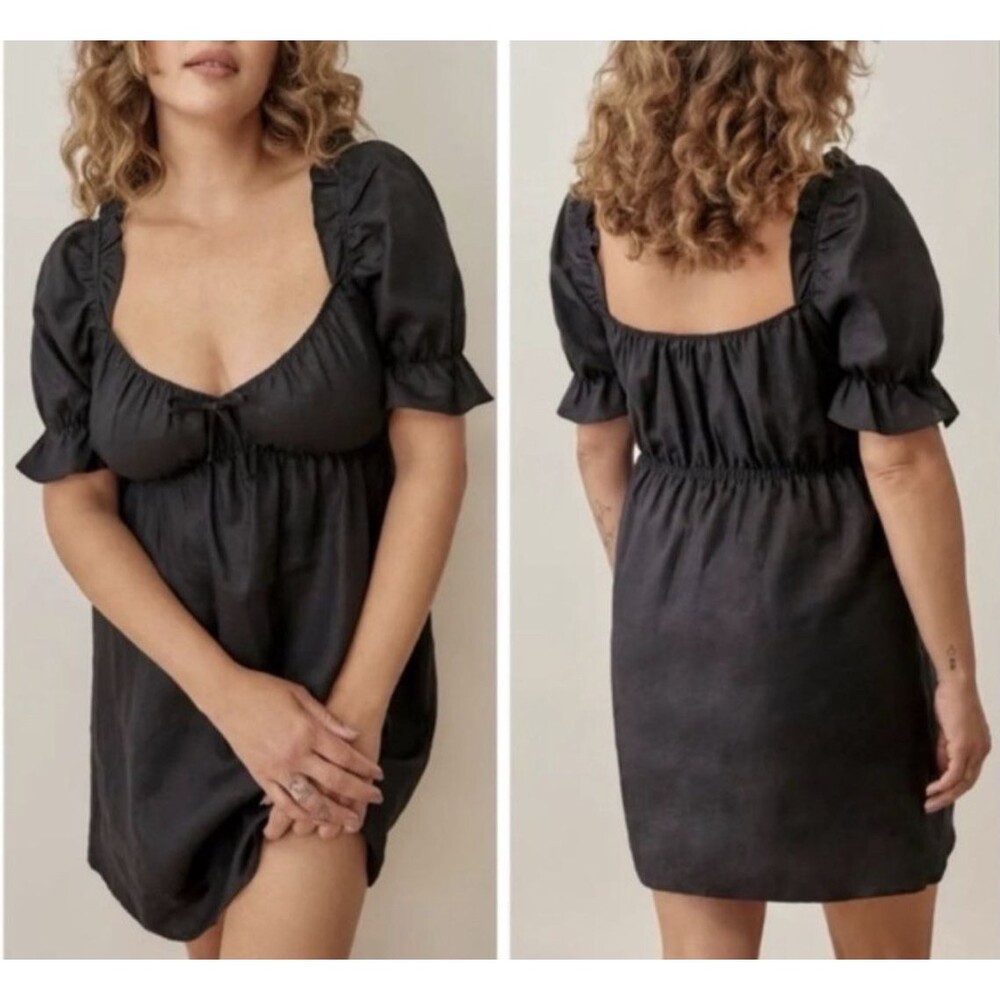 Reformation 100% Linen Puff Sleeved Channa Mini Dress Size Small Black Made Usa - Picture 8 of 8